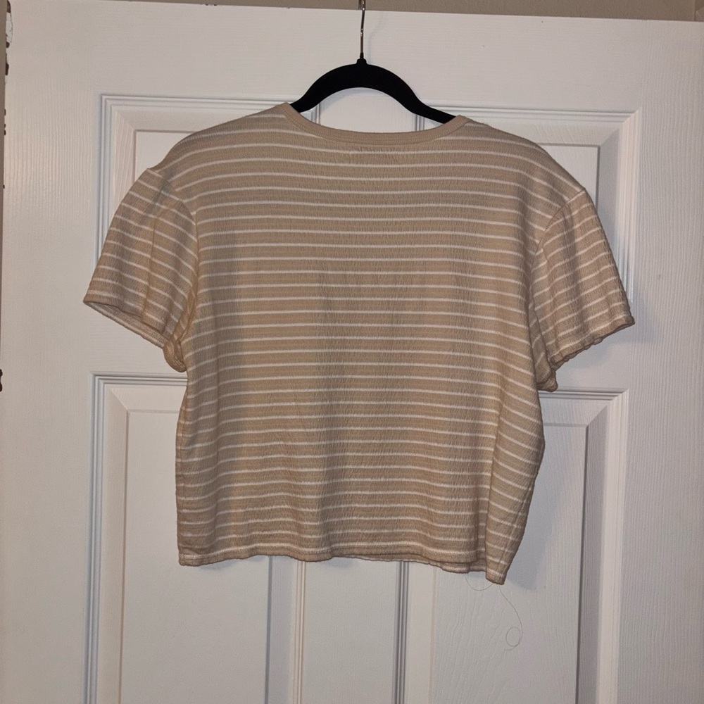 American Eagle Striped Short Sleeve Crop Top in Beige - Women's Casual Tee - Picture 4 of 4
